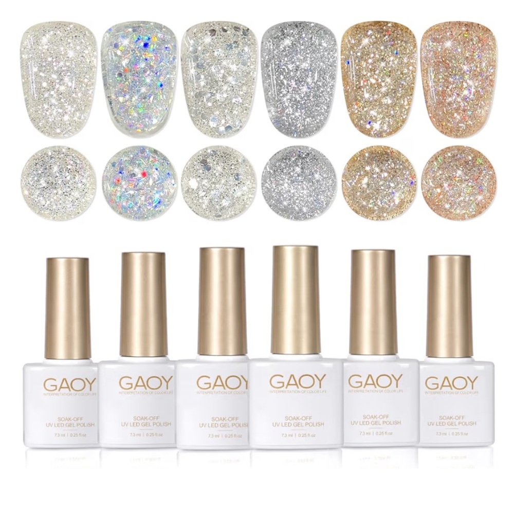 GAOY Glitter UV Cure Gel Nail Polish Set, 6 Colors Silver Gold Champagne Sparkly